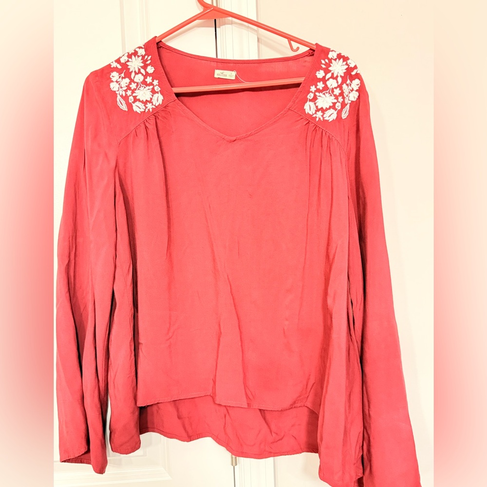 Hollister Scarlet Blouse with Ivory Floral Embroidery